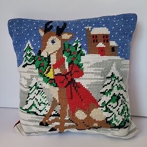 Holiday Reindeer Needlepoint Decorative Pillow - 10"×10"